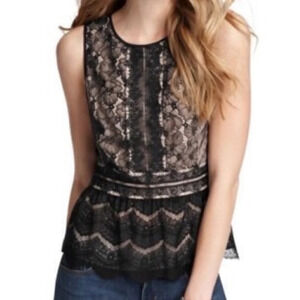 NWOT Ann Taylor Loft Lace Peplum Sleeveless Top XS Petite Black Cream/Blush Pink
